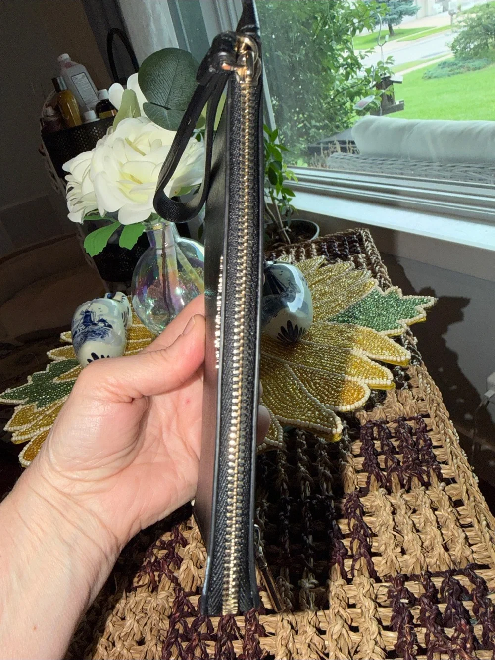 kate spade Black Saffiano Leather Wristlet Clutch with Gold Logo